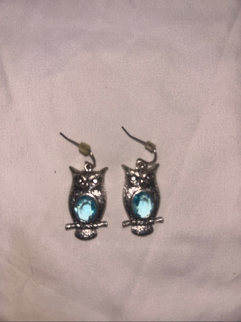 Silver Owl Dangle Earrings with Blue Gemstone
